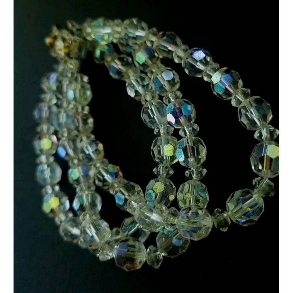 Vintage 1950s Aurora Borealis Crystal Bracelet 3 Strand 7.7mm Rhinestone 8in